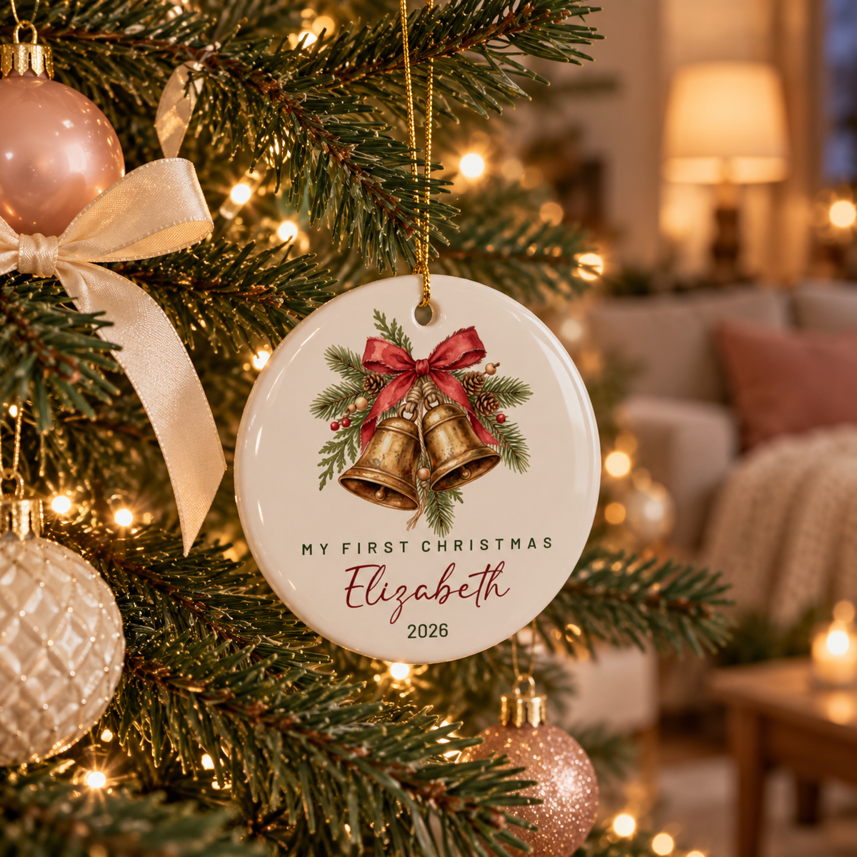 Golden bells first Christmas ornament hanging on a lit Christmas tree