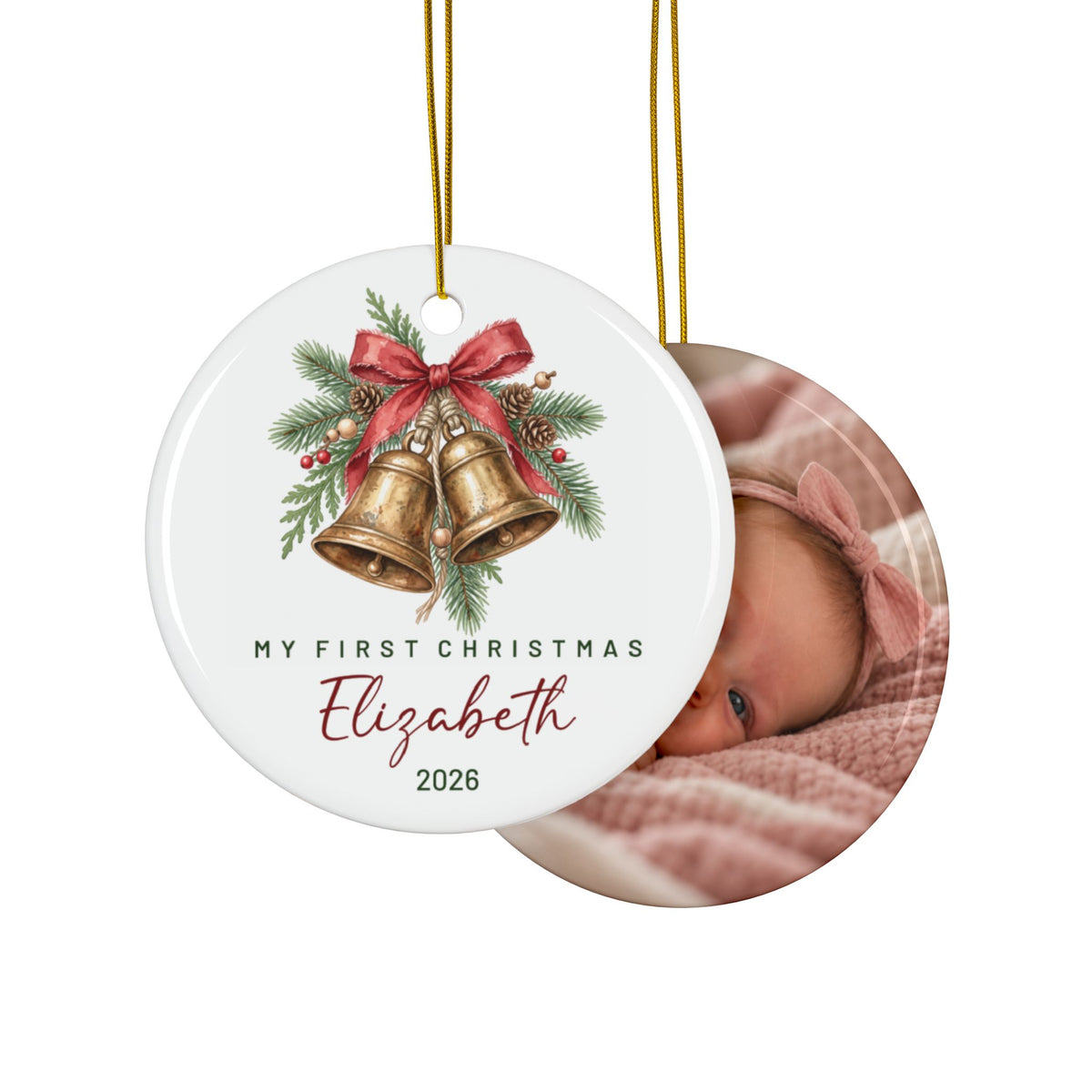 Double-sided golden bells first Christmas ornament with baby photo on the back