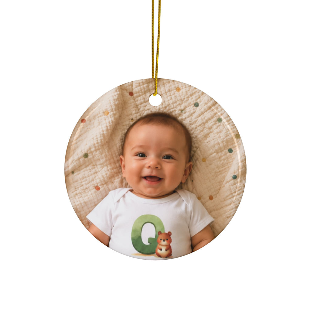 Back of the highland calf first Christmas ornament, printed with your own baby photo