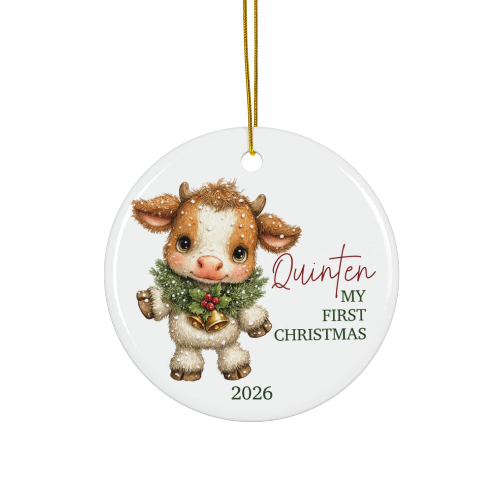 Personalized baby's first Christmas ornament with highland calf in a holly wreath, baby name and 2026