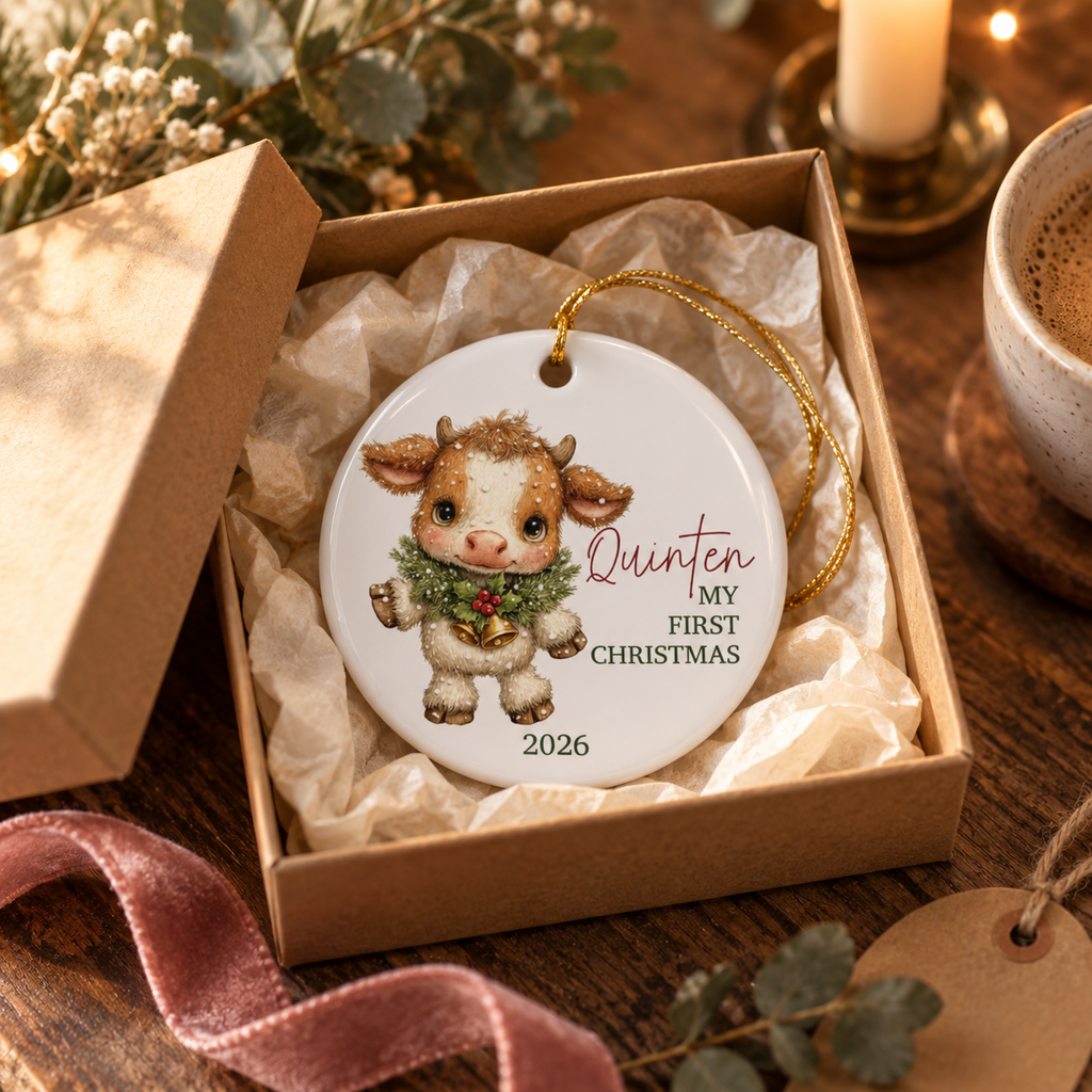 Personalized highland calf ornament in a holiday gift setting