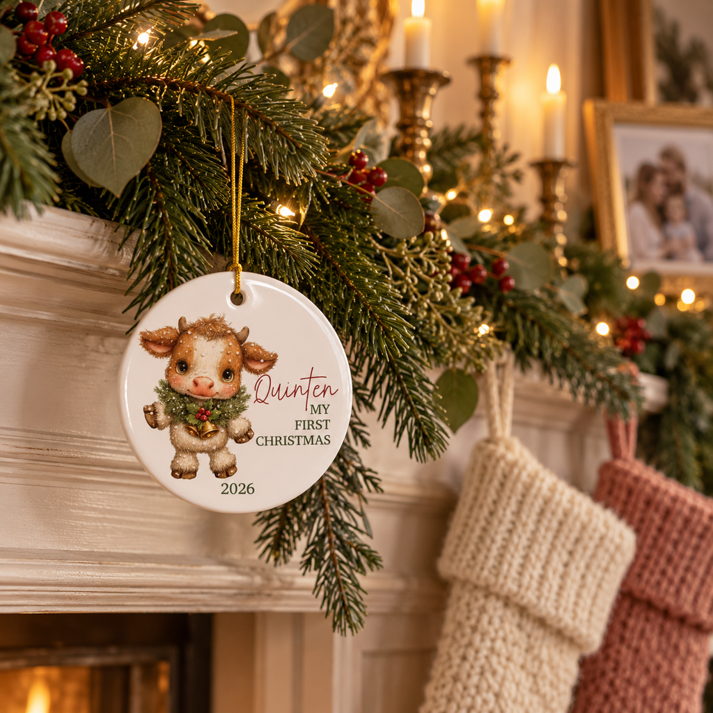 Highland calf first Christmas ornament hanging from a pine garland on a fireplace mantel with stockings