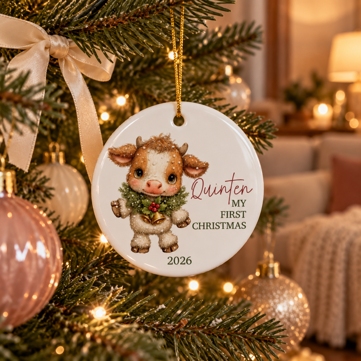 Highland calf first Christmas ornament hanging on a Christmas tree