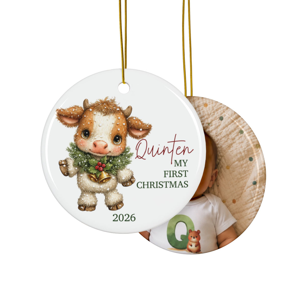 Double-sided highland calf first Christmas ornament with baby photo on the back