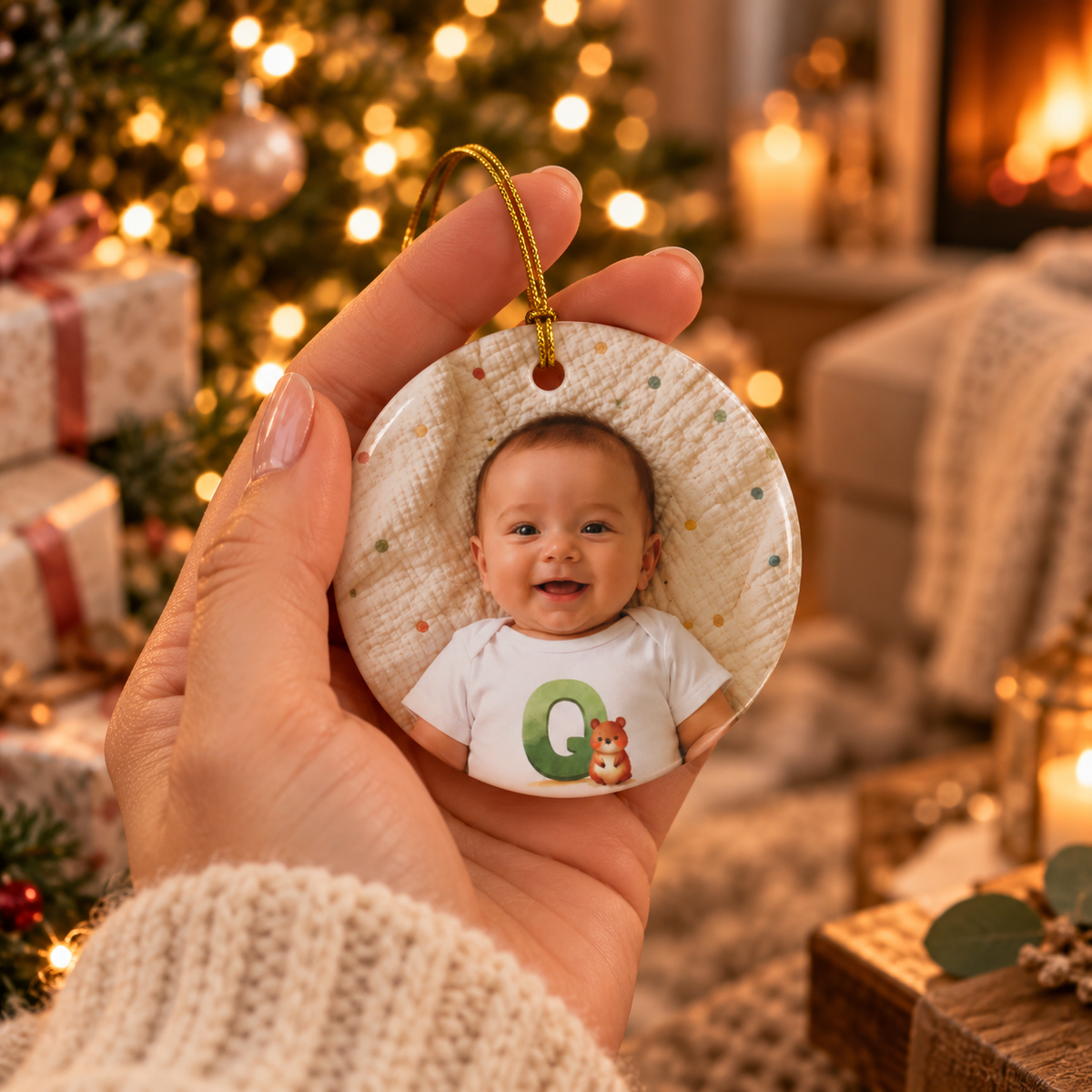 Hand holding the highland calf first Christmas ornament with a baby photo on the back