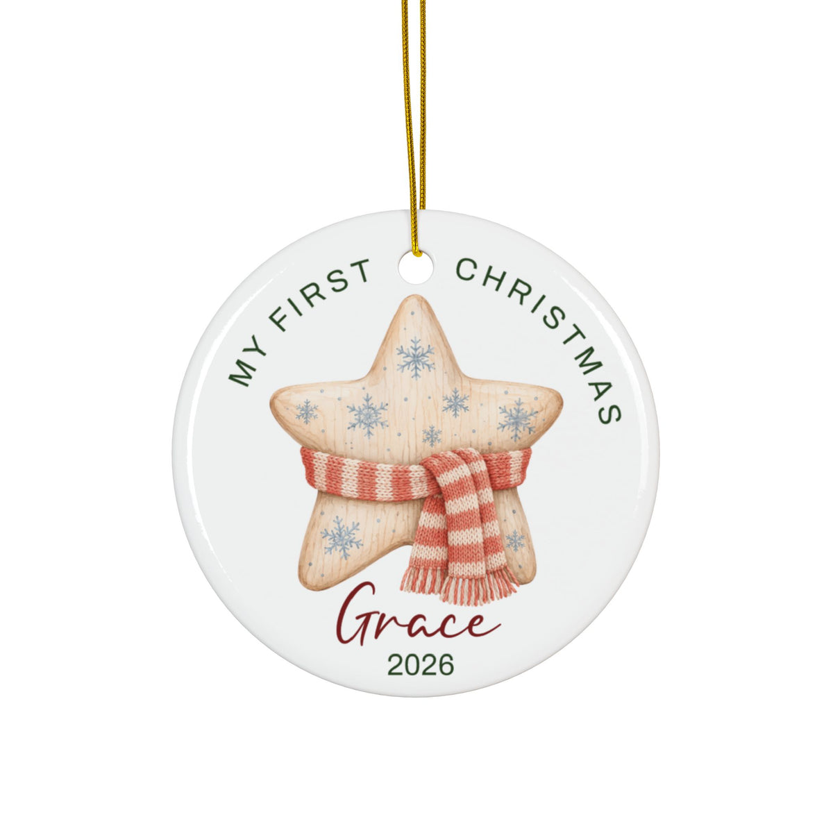 Personalized baby's first Christmas ornament with a knitted star and striped scarf, baby name and 2026
