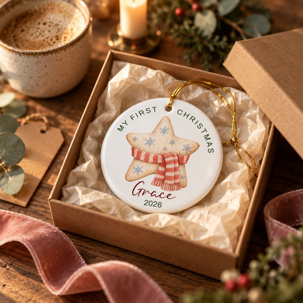 Personalized knit star first Christmas ornament in a kraft gift box with tissue paper