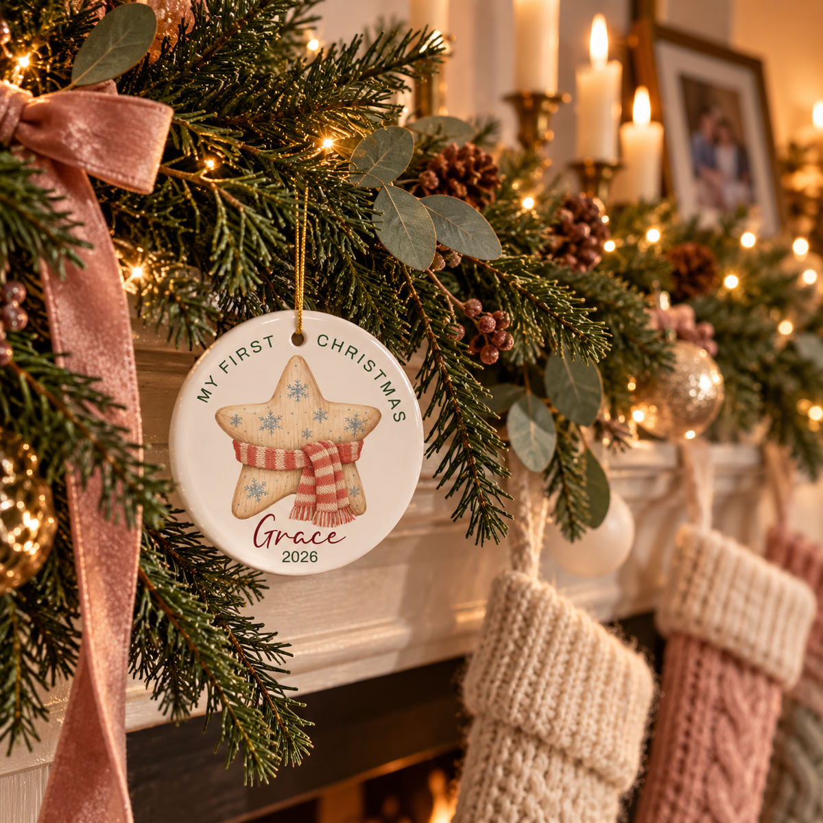 Knit star first Christmas ornament hanging from a pine garland on a fireplace mantel with stockings