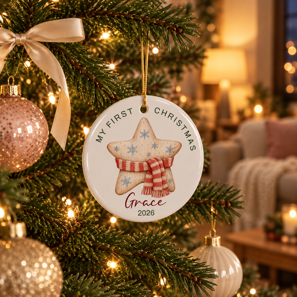 Knit star first Christmas ornament hanging on a lit Christmas tree