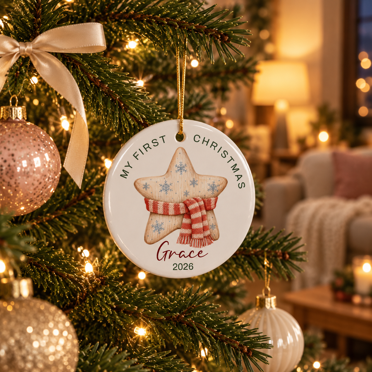 Knit star first Christmas ornament hanging on a lit Christmas tree