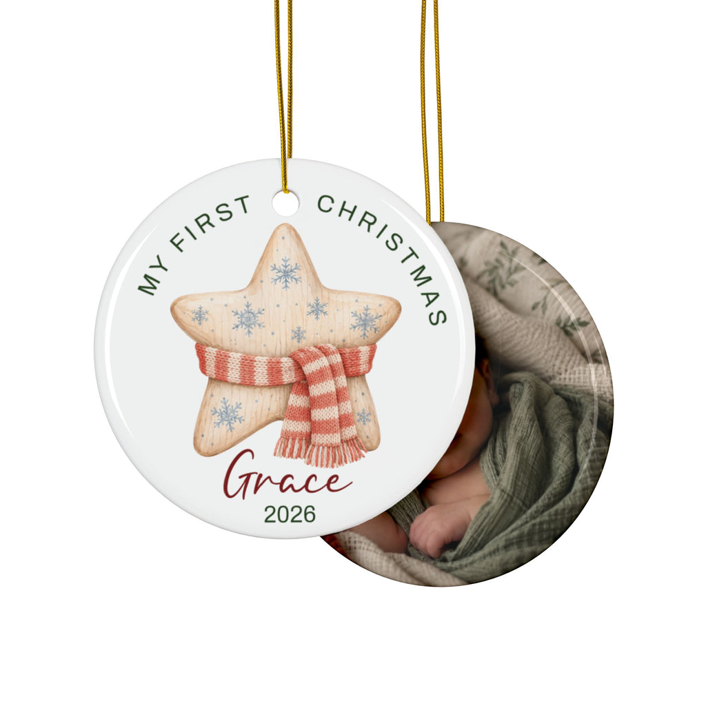 Double-sided knit star first Christmas ornament with baby photo on the back
