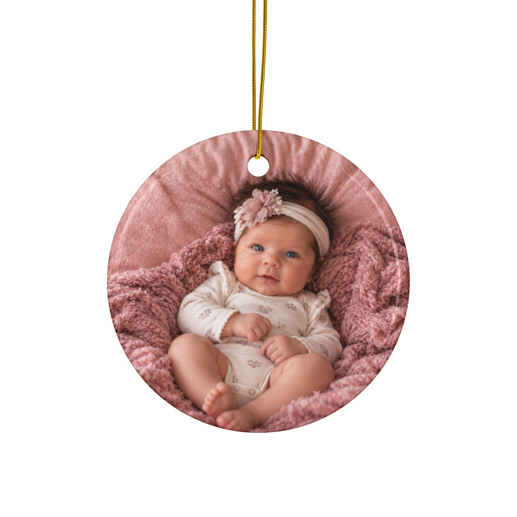 Back of the lamb first Christmas ornament, printed with your own baby photo