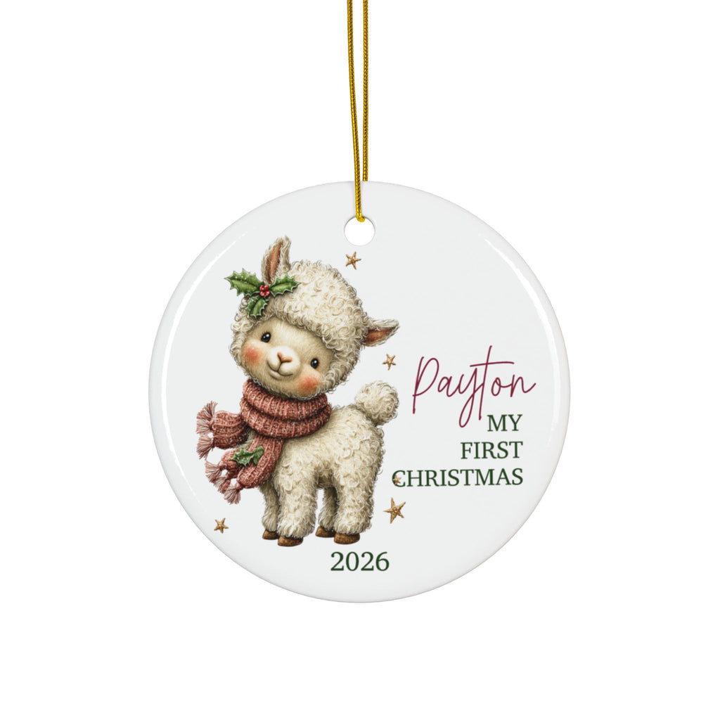 Personalized baby's first Christmas ornament with a lamb in a red scarf and holly, baby name and 2026