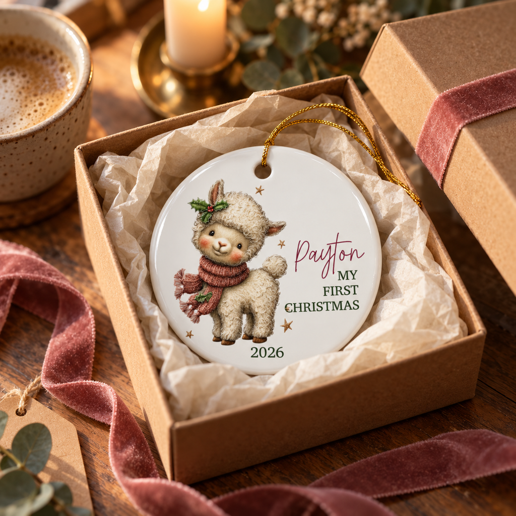 Personalized lamb first Christmas ornament in a kraft gift box with tissue paper