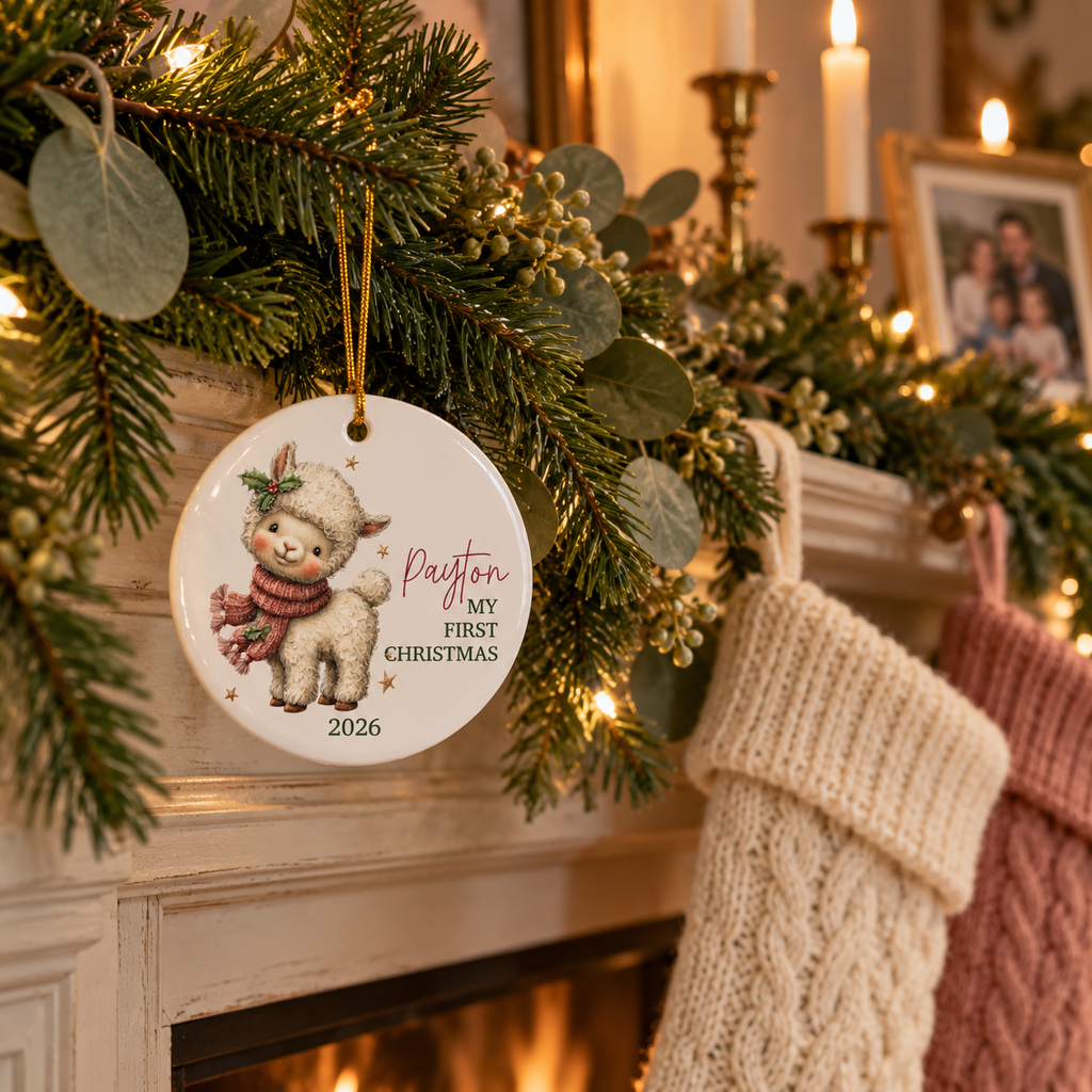 Lamb first Christmas ornament hanging from a pine garland on a fireplace mantel with stockings
