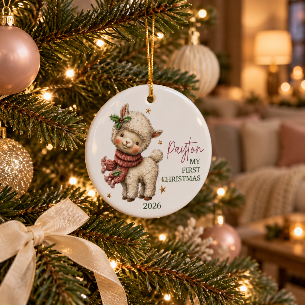 Lamb first Christmas ornament hanging on a lit Christmas tree