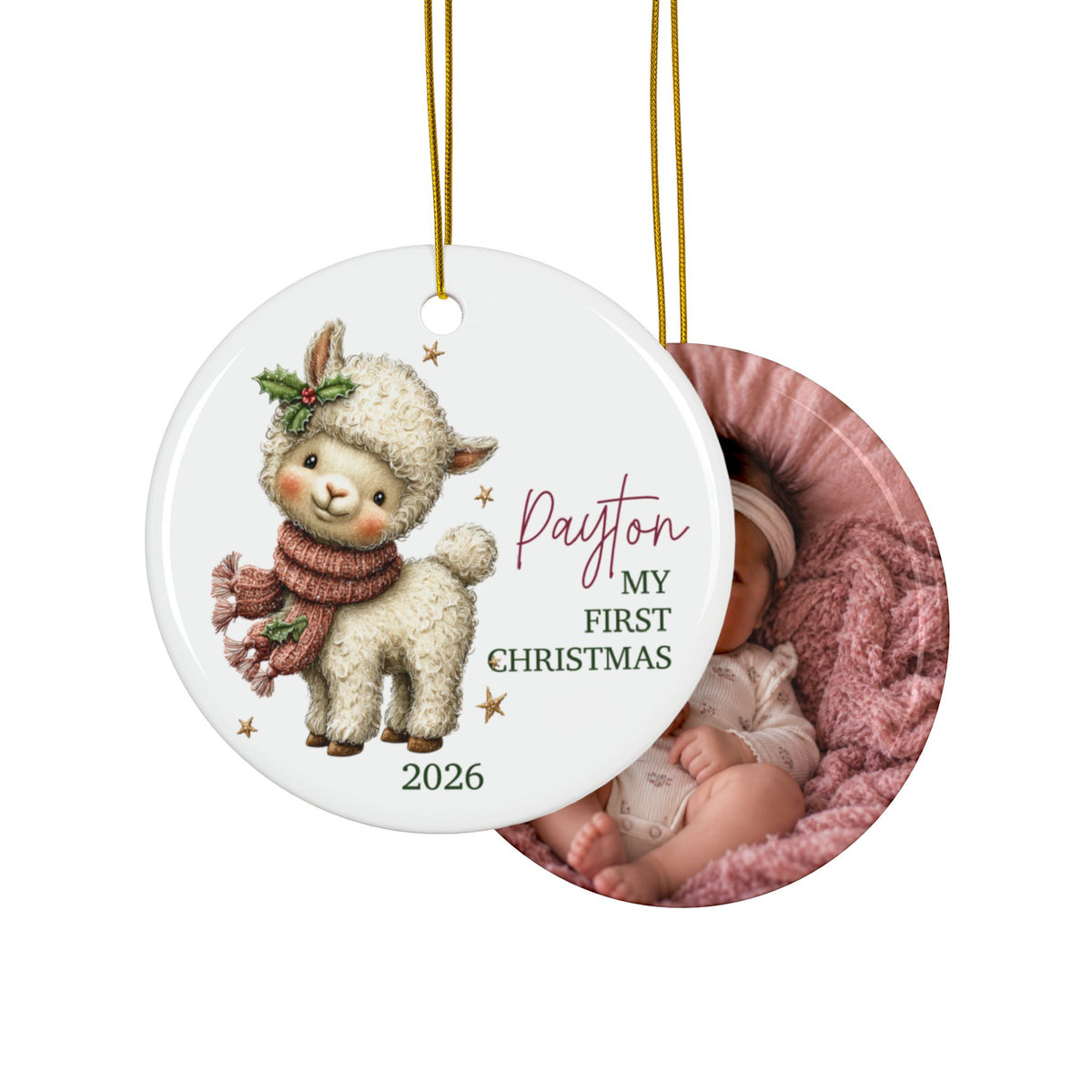 Double-sided lamb first Christmas ornament with baby photo on the back