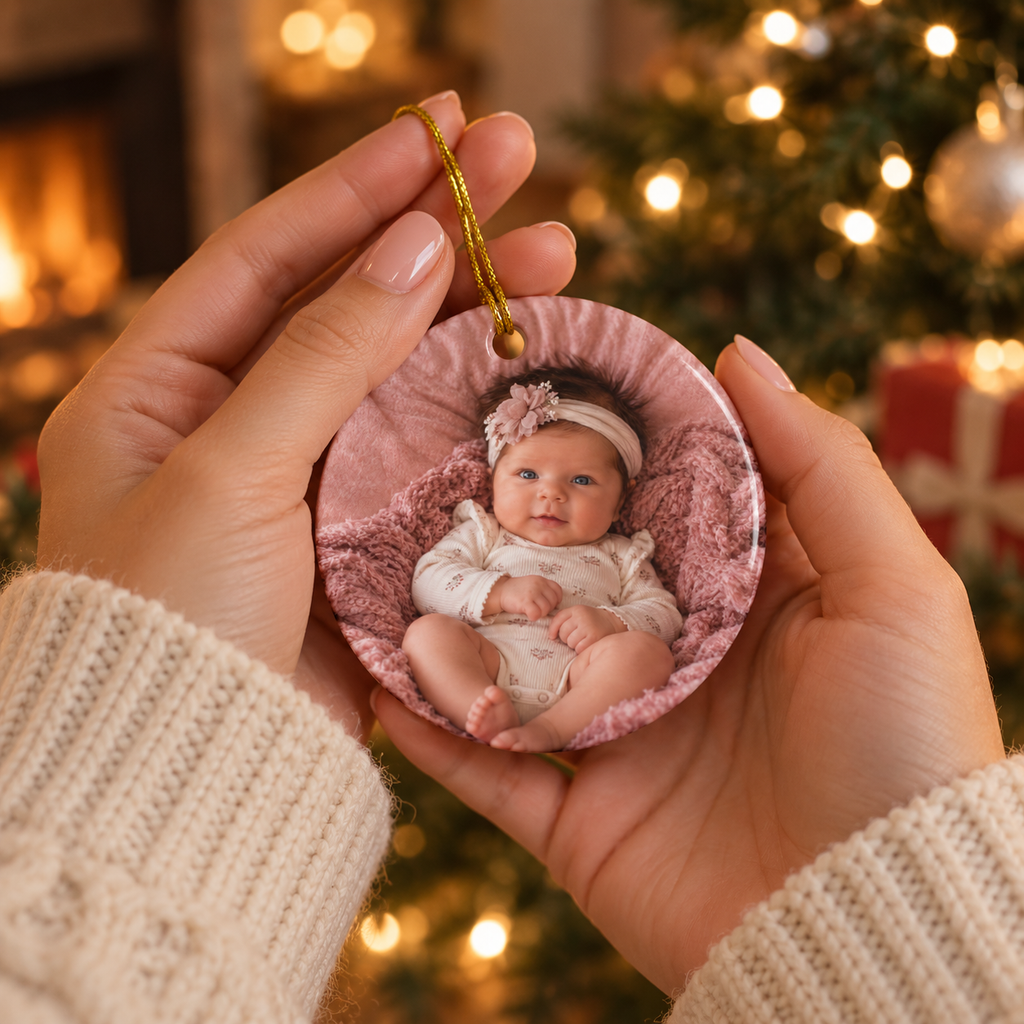 Hands holding the lamb first Christmas ornament with a baby photo on the back