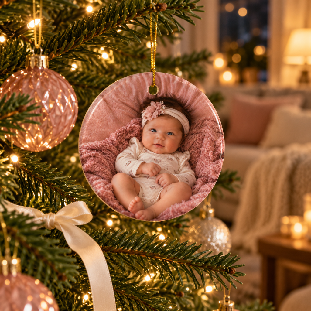 Photo side of the lamb first Christmas ornament hanging on a lit Christmas tree