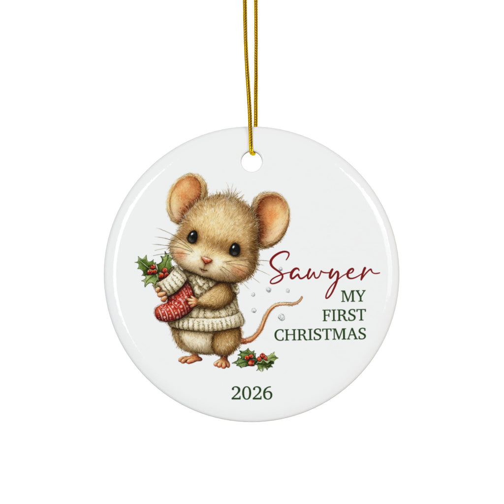 Personalized baby's first Christmas ornament with mouse holding a stocking, baby name and 2026