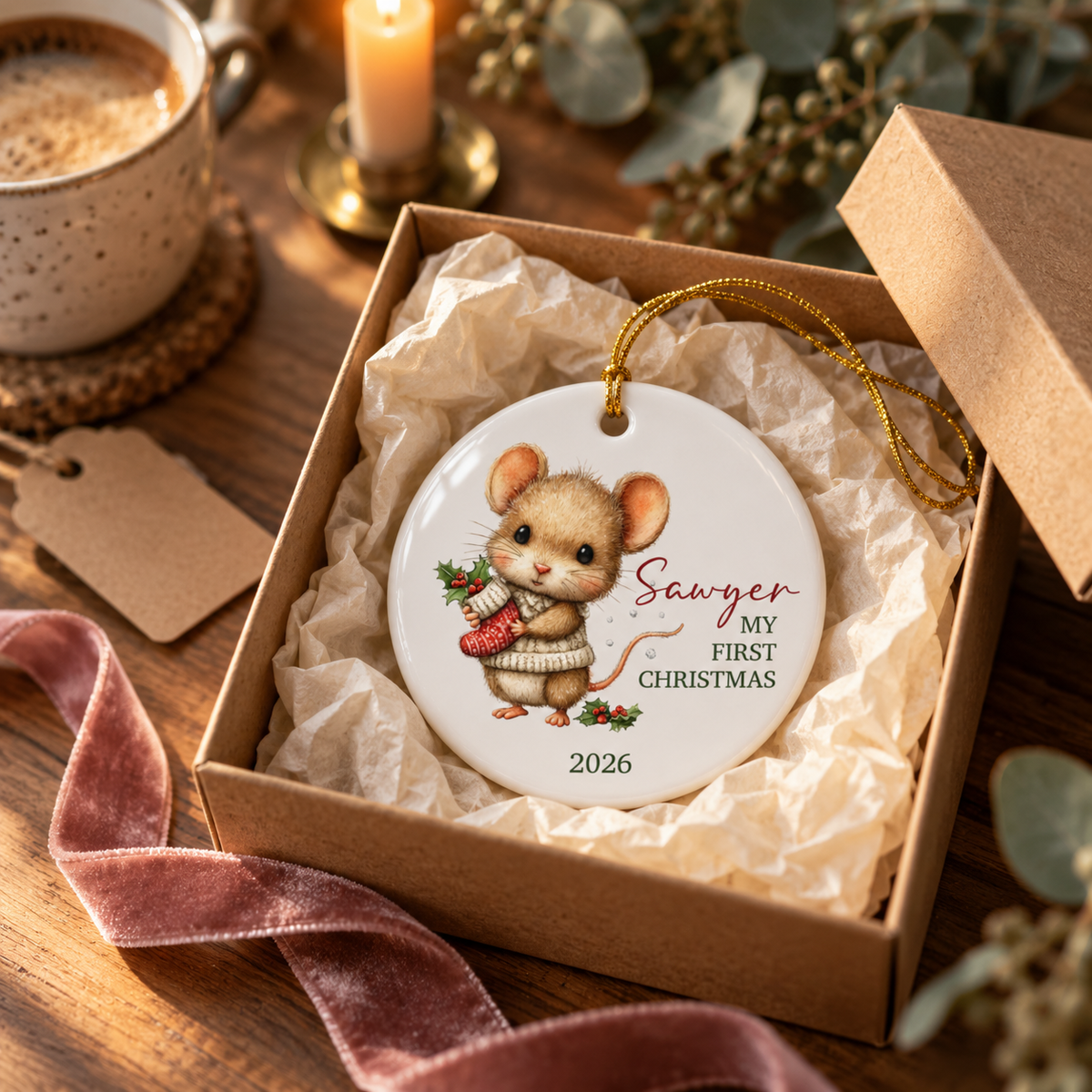 Personalized mouse first Christmas ornament in a holiday gift setting
