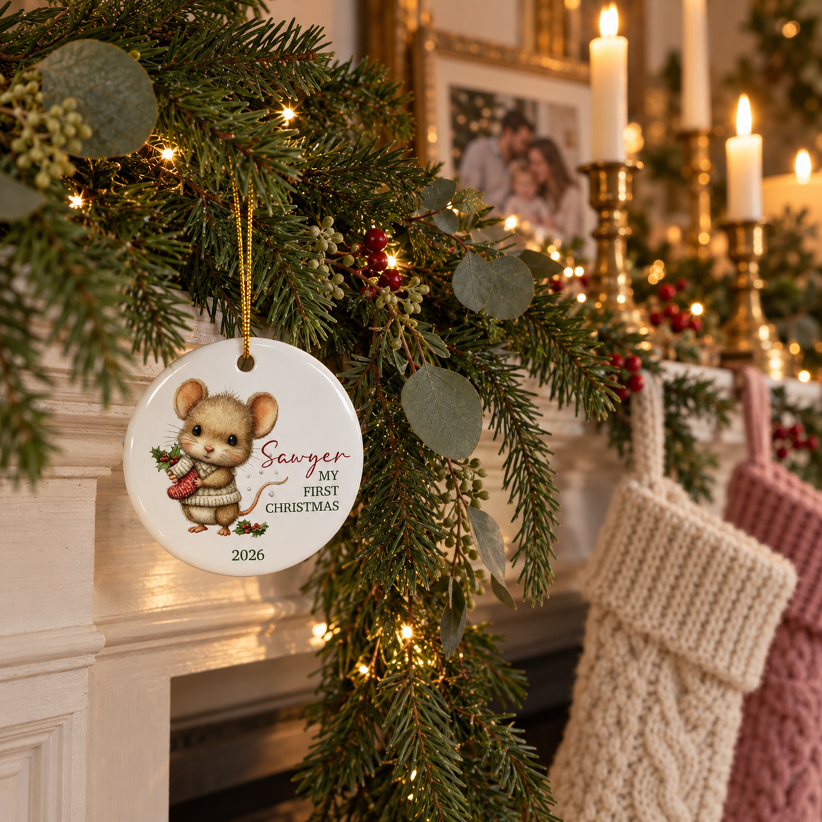 Mouse first Christmas ornament hanging from a pine garland on a fireplace mantel with stockings