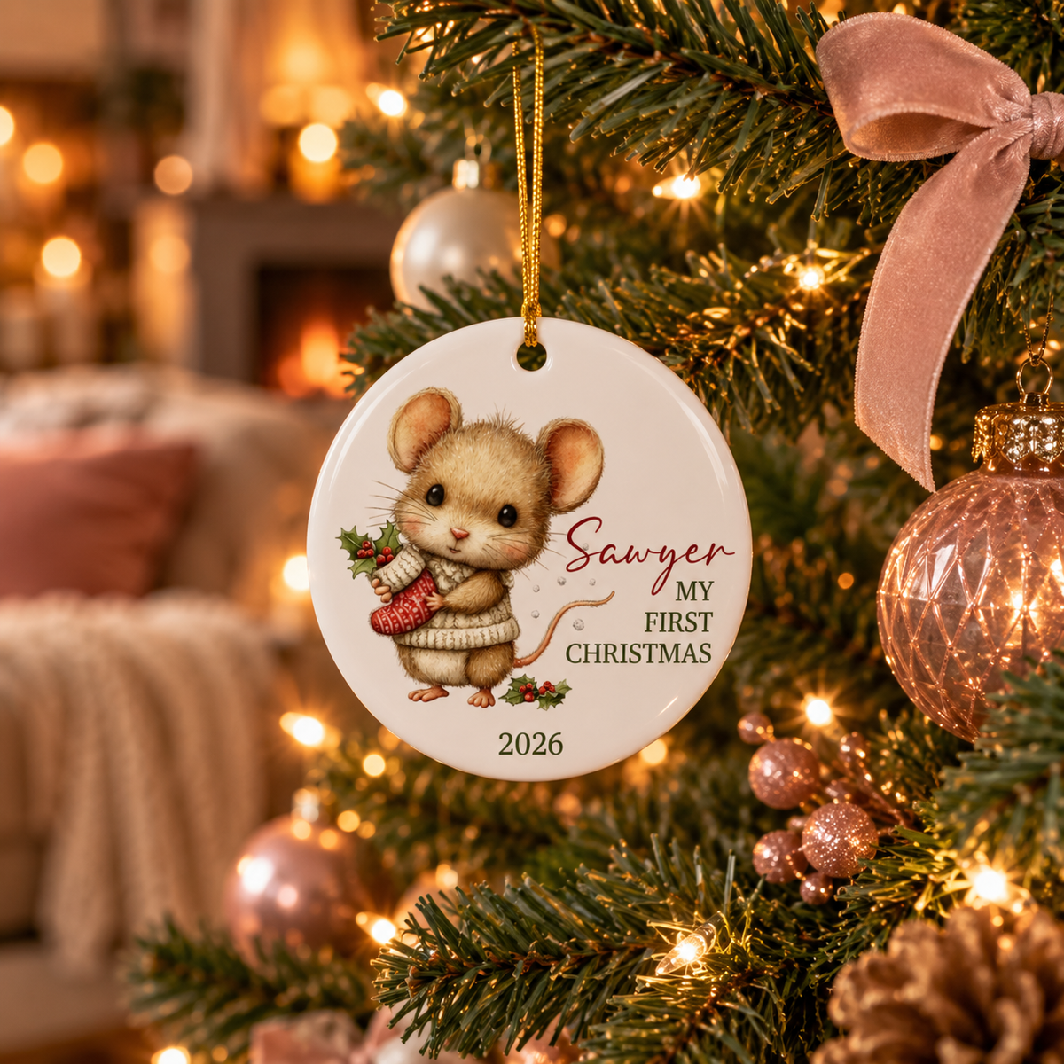 Mouse first Christmas ornament hanging on a Christmas tree