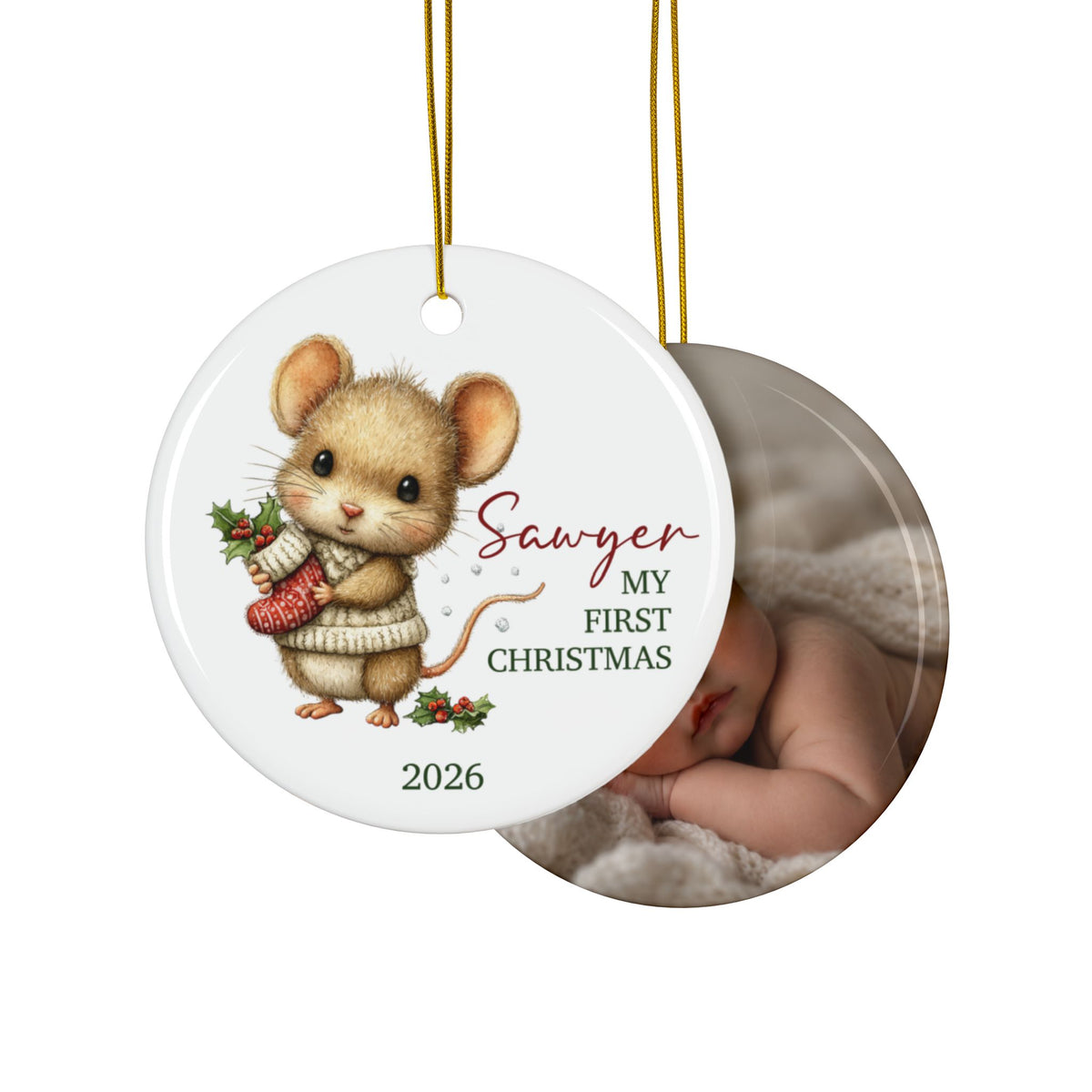 Double-sided mouse first Christmas ornament with baby photo on the back