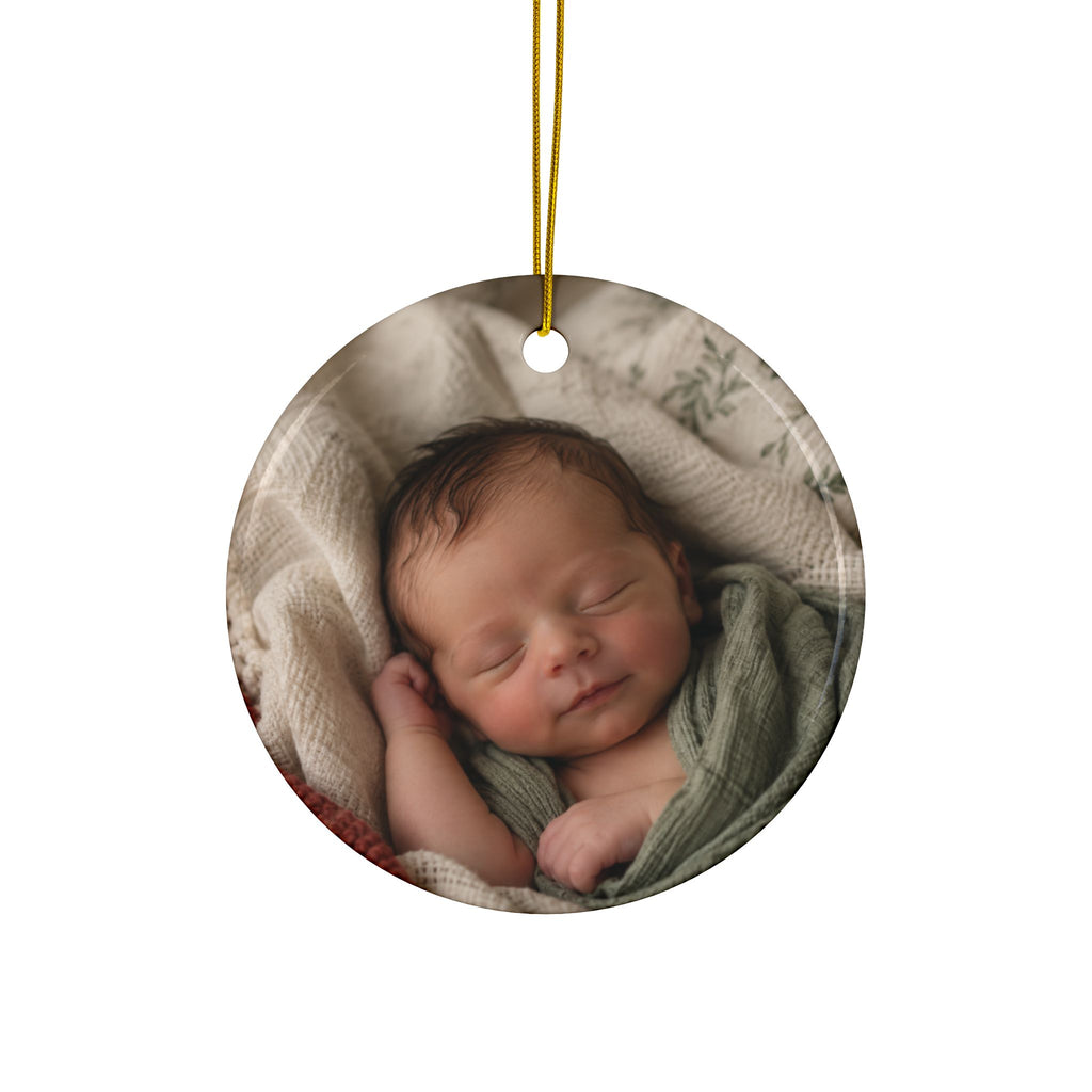 Back of the woodland owl first Christmas ornament, printed with your own baby photo