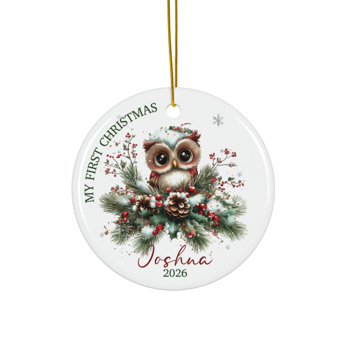 Personalized baby's first Christmas ornament with woodland owl on pine branches, baby name and 2026