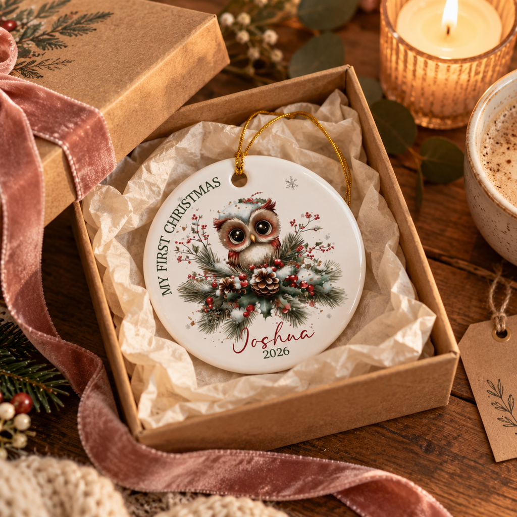 Personalized woodland owl ornament in a holiday gift setting