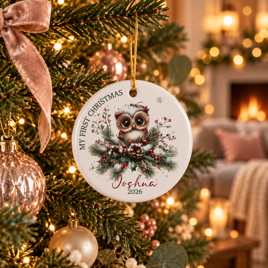 Woodland owl first Christmas ornament hanging on a Christmas tree