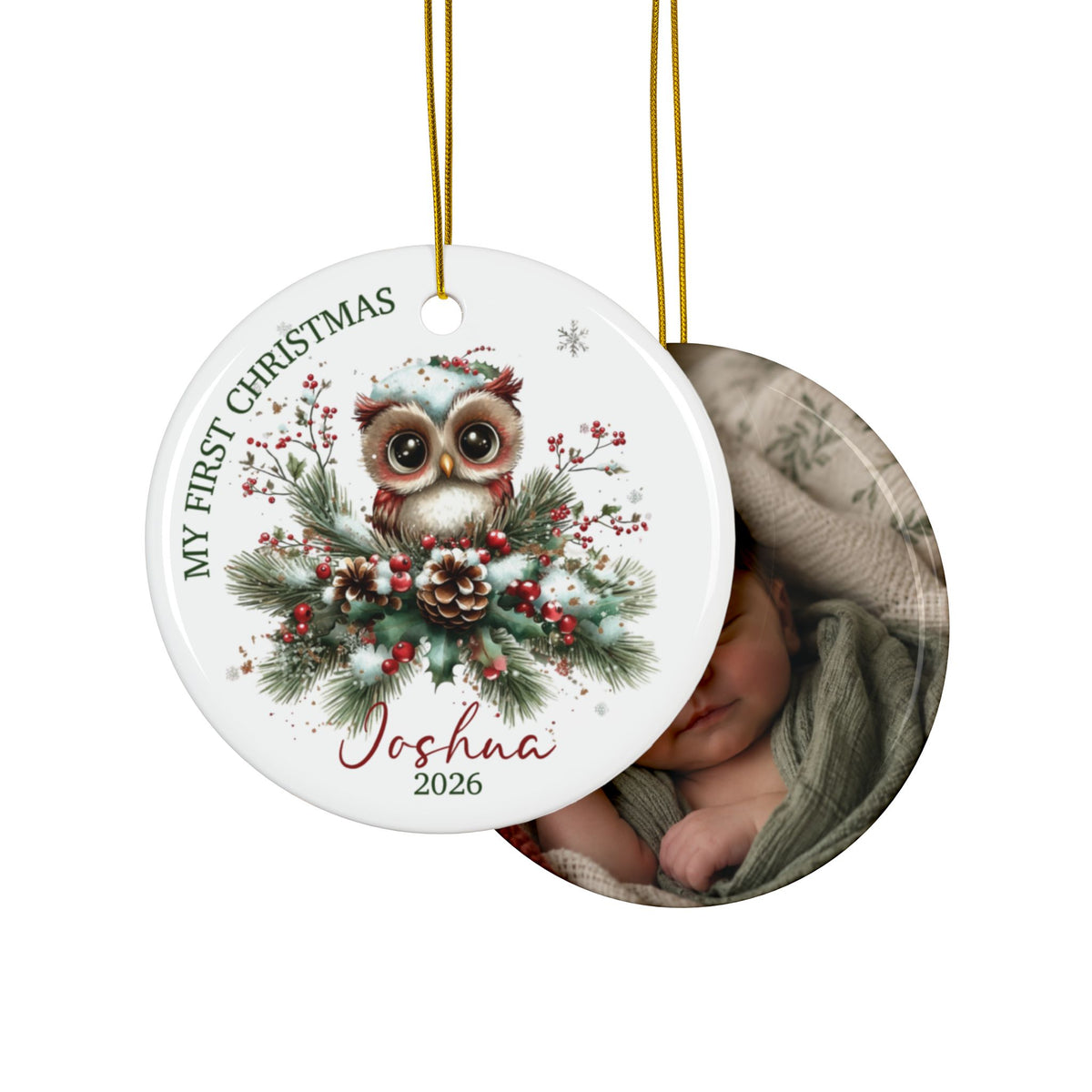 Double-sided owl first Christmas ornament with baby photo on the back