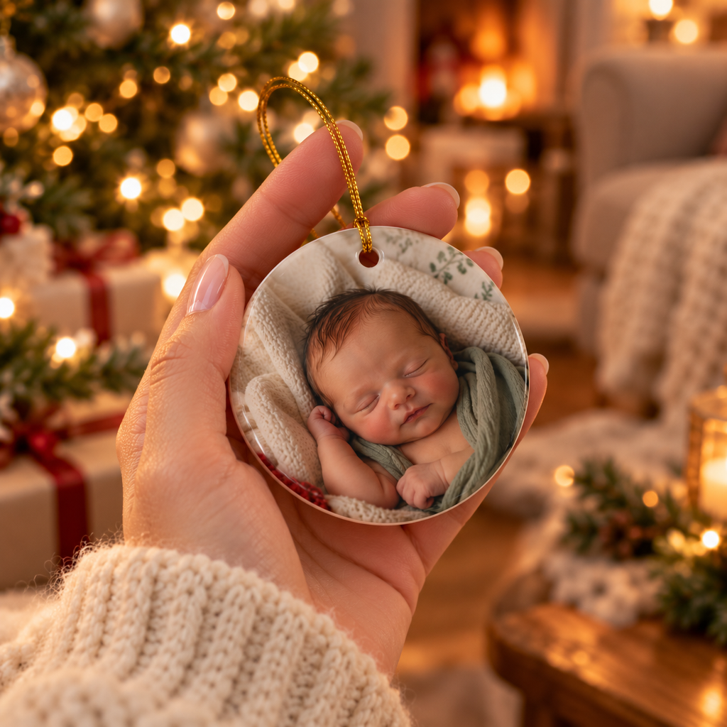 Hand holding the woodland owl first Christmas ornament with a baby photo on the back