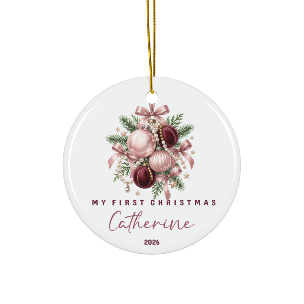 Personalized baby's first Christmas ornament with pink and burgundy baubles and a bow, baby name and 2026
