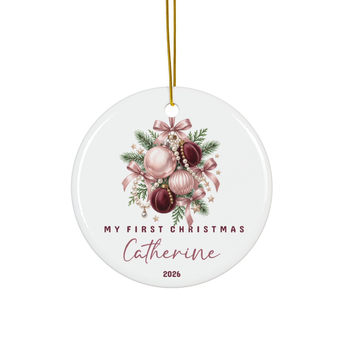 Personalized baby's first Christmas ornament with pink and burgundy baubles and a bow, baby name and 2026