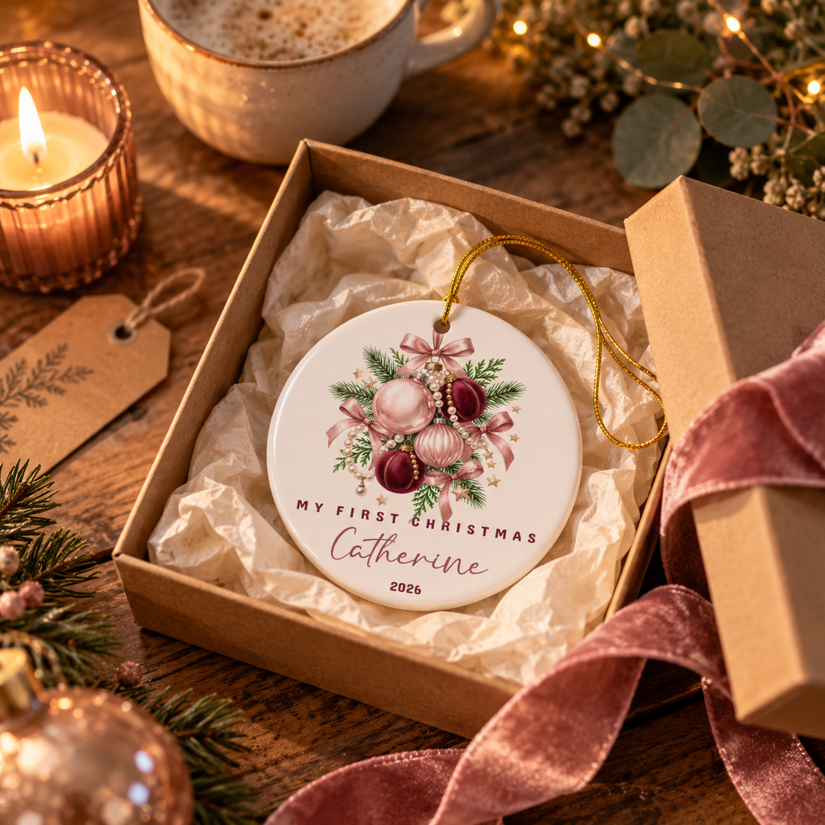 Personalized pink baubles first Christmas ornament in a kraft gift box with tissue paper