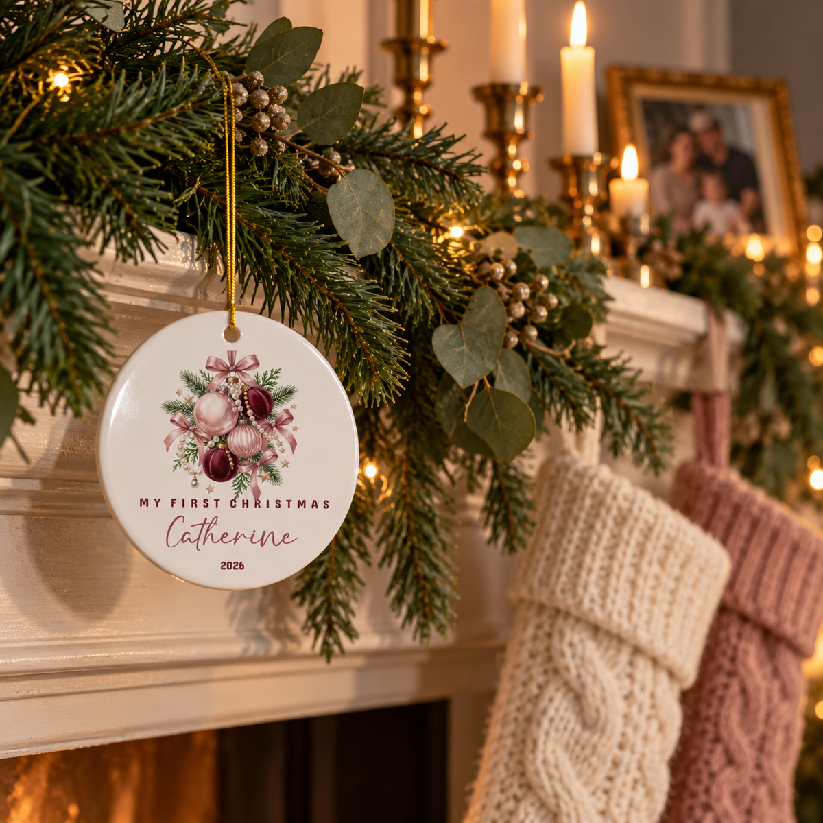 Pink baubles first Christmas ornament hanging from a pine garland on a fireplace mantel with stockings