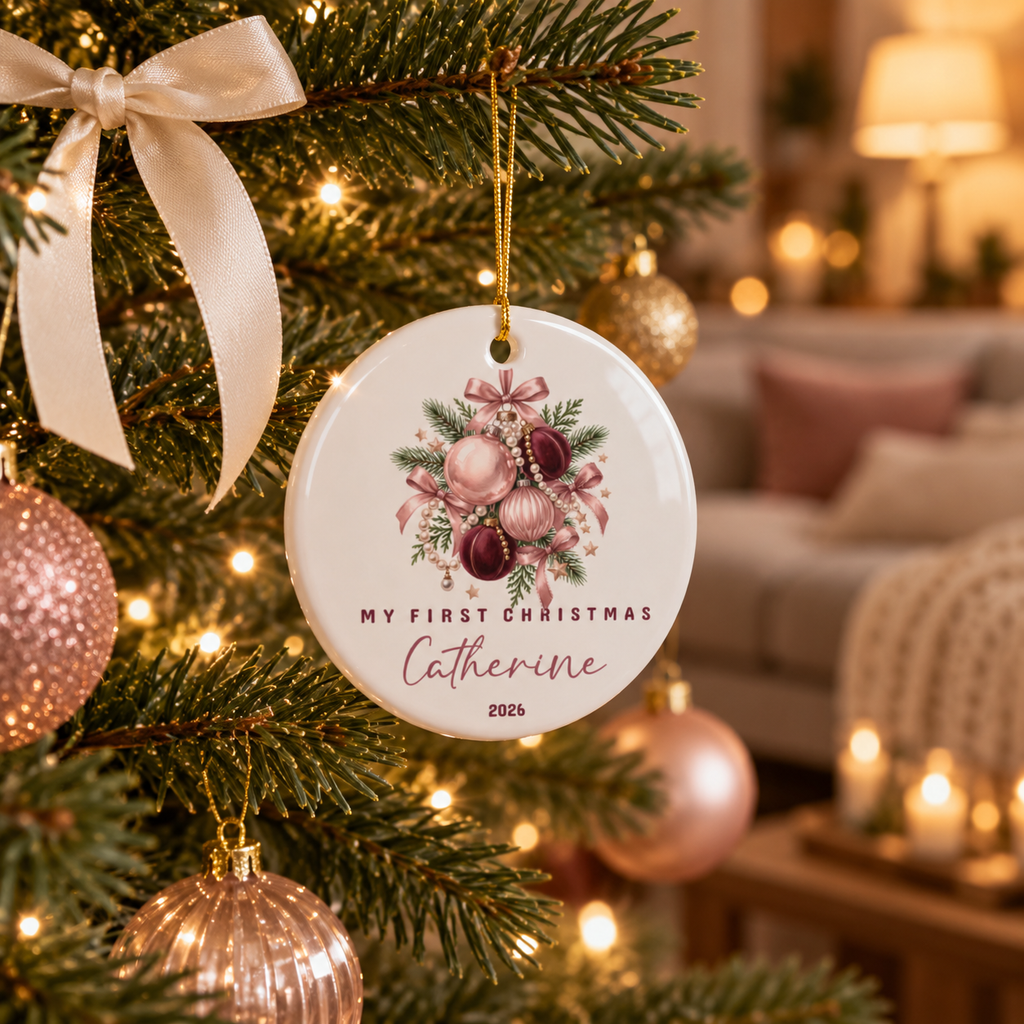 Pink baubles first Christmas ornament hanging on a lit Christmas tree
