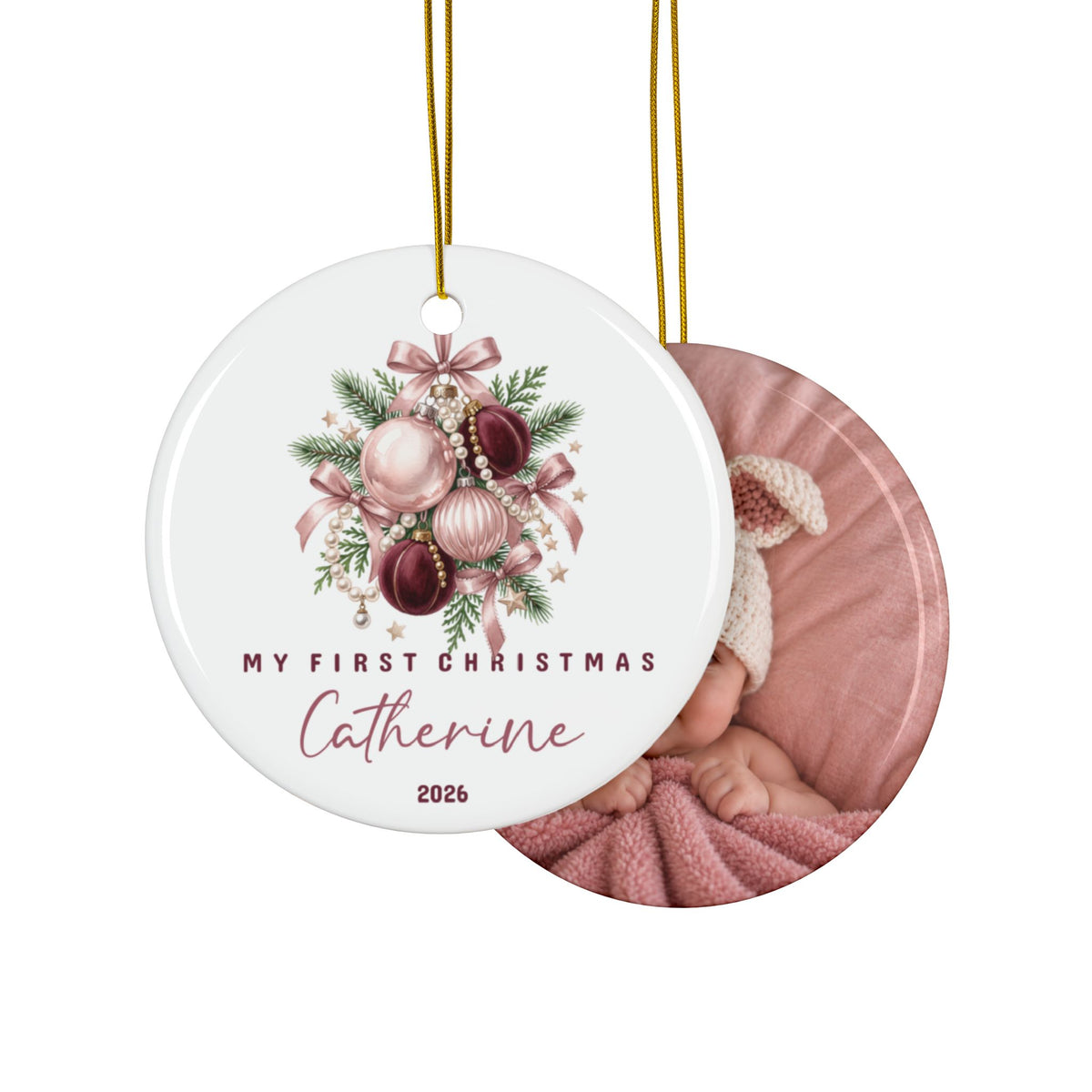 Double-sided pink baubles first Christmas ornament with baby photo on the back