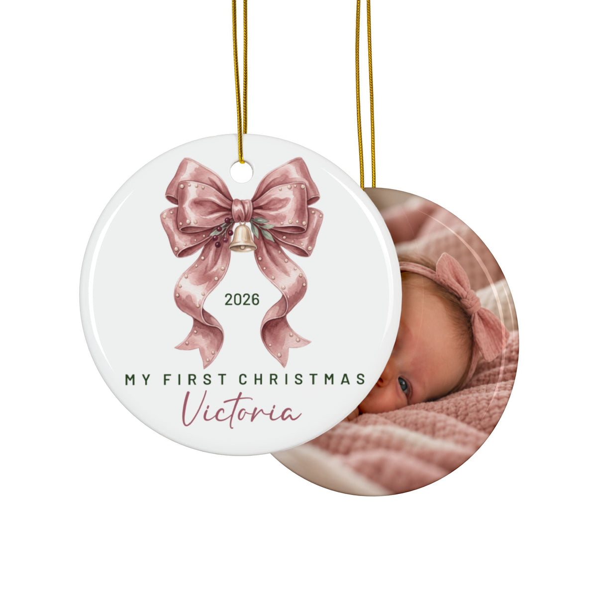Double-sided pink bow first Christmas ornament with baby photo on the back