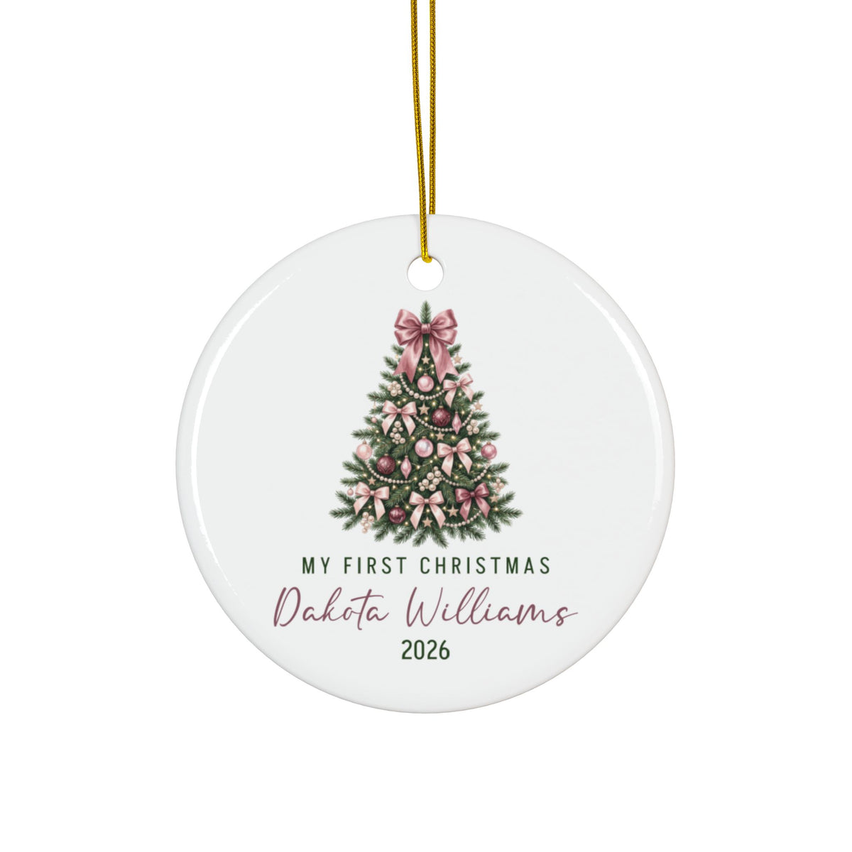Personalized baby's first Christmas ornament with pink bow tree design, baby name and 2026