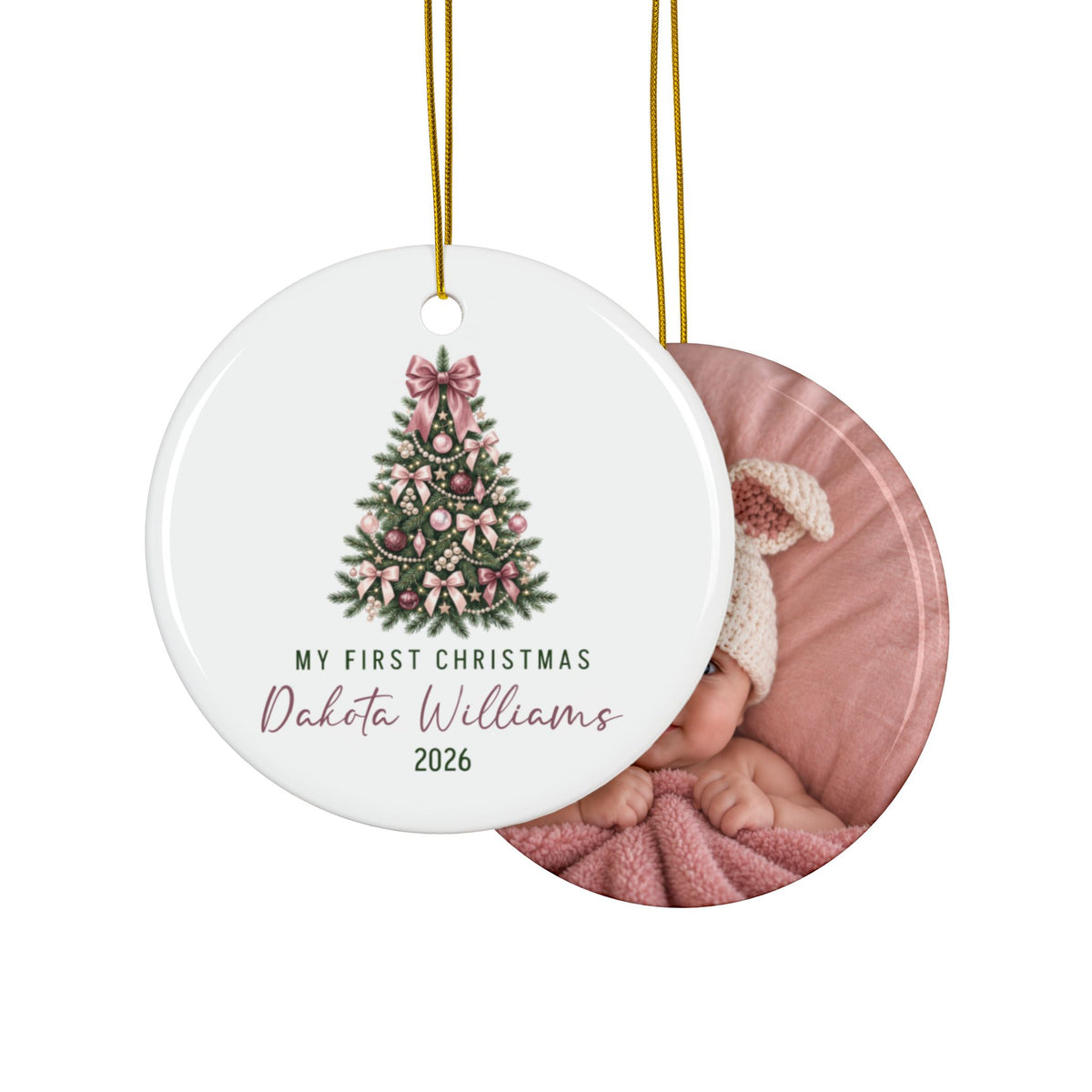 Double-sided pink bow tree first Christmas ornament with baby photo on the back