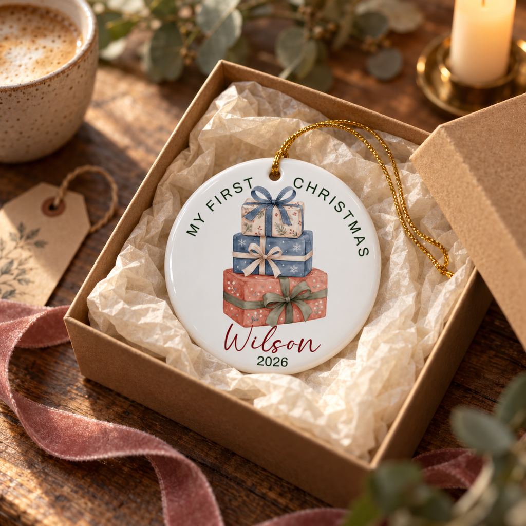Personalized stacked gifts first Christmas ornament in a kraft gift box with tissue paper