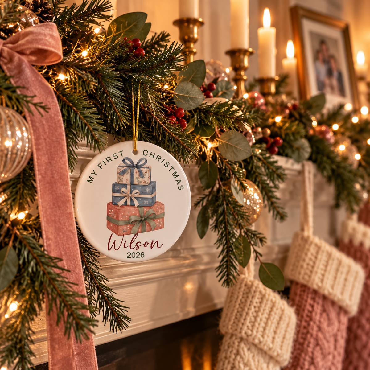 Stacked gifts first Christmas ornament hanging from a pine garland on a fireplace mantel with stockings