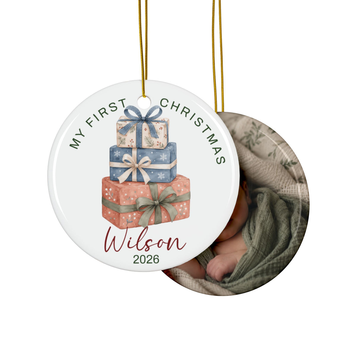 Double-sided stacked gifts first Christmas ornament with baby photo on the back