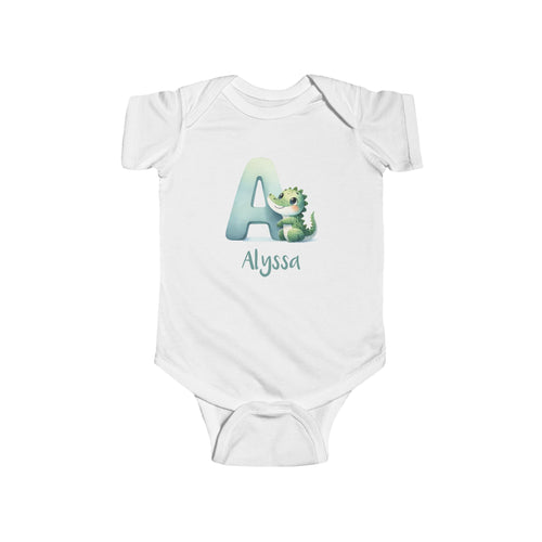 Personalized A baby bodysuit with alligator – white cotton onesie with custom name