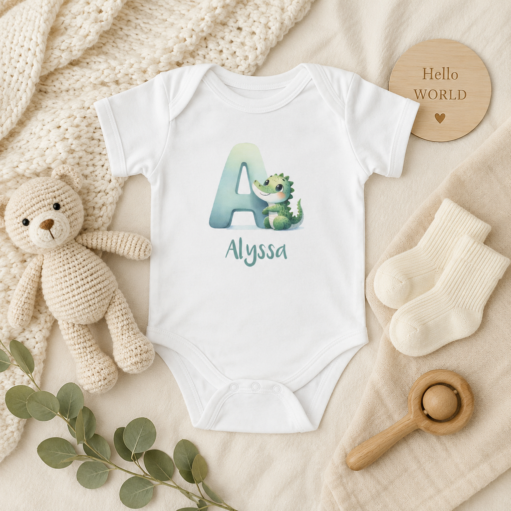 Initial A baby bodysuit with alligator and name in script – front view flat lay