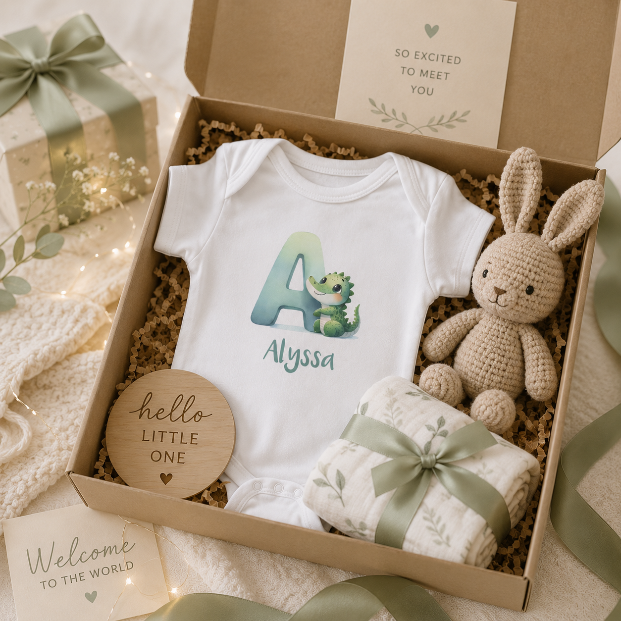 Close-up of A initial and alligator design on baby bodysuit