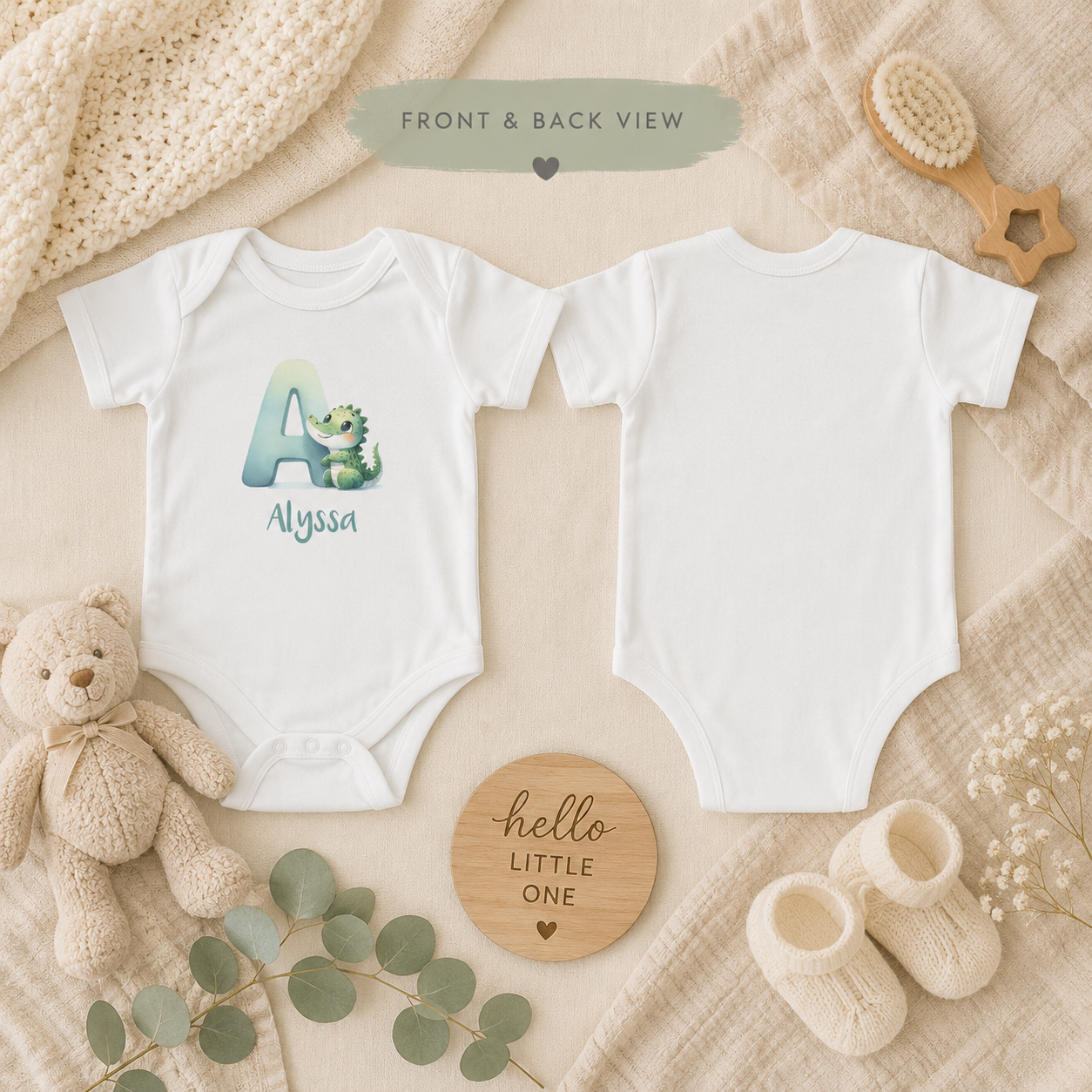Personalized A onesie with alligator – lifestyle photo on baby